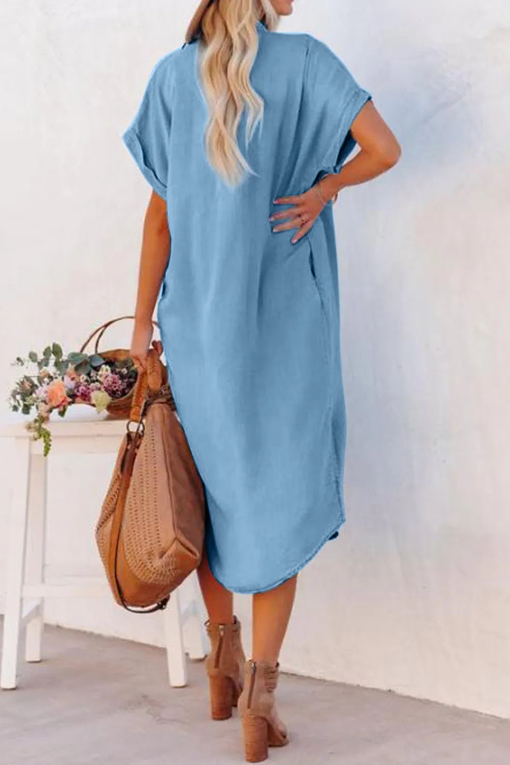 Trendsi imitation denim dress with slit, short sleeves, and button-up front, casual and stylish for warm-weather wear.