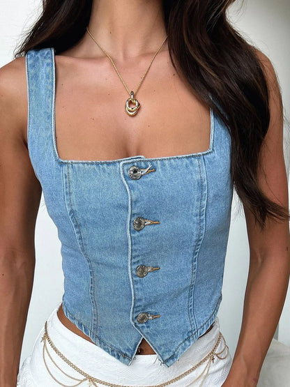 Medium-sized denim top with smocked square neckline from Trendsi, featuring a stylish, fitted design and sleeveless cut.