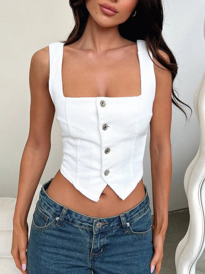 Medium-sized Trendsi smocked square neck denim top with long sleeves and fitted design, displayed on a mannequin.