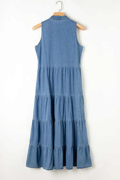 Trendsi tie neck tiered maxi denim dress featuring a sleeveless design and flowing tiered skirt.