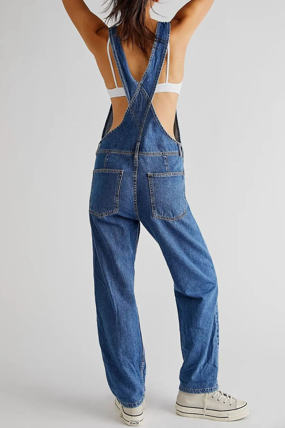 Trendsi wide strap square neck denim overalls featuring a relaxed fit and adjustable straps, displayed on a plain background.