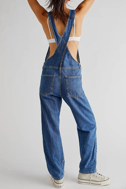 Trendsi wide strap square neck denim overalls featuring a relaxed fit and adjustable straps, displayed on a plain background.