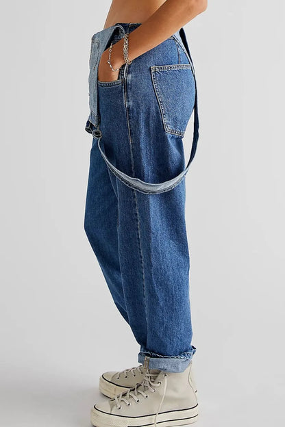 Trendsi wide strap square neck denim overalls featuring a fitted bodice and casual, stylish design on model.