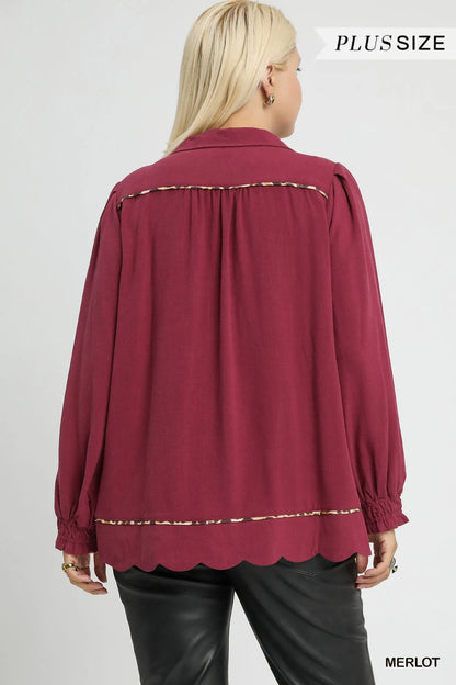 Full-size Merlot linen blouse with scallop hem and contrast trim by Umgee, designed for plus sizes.
