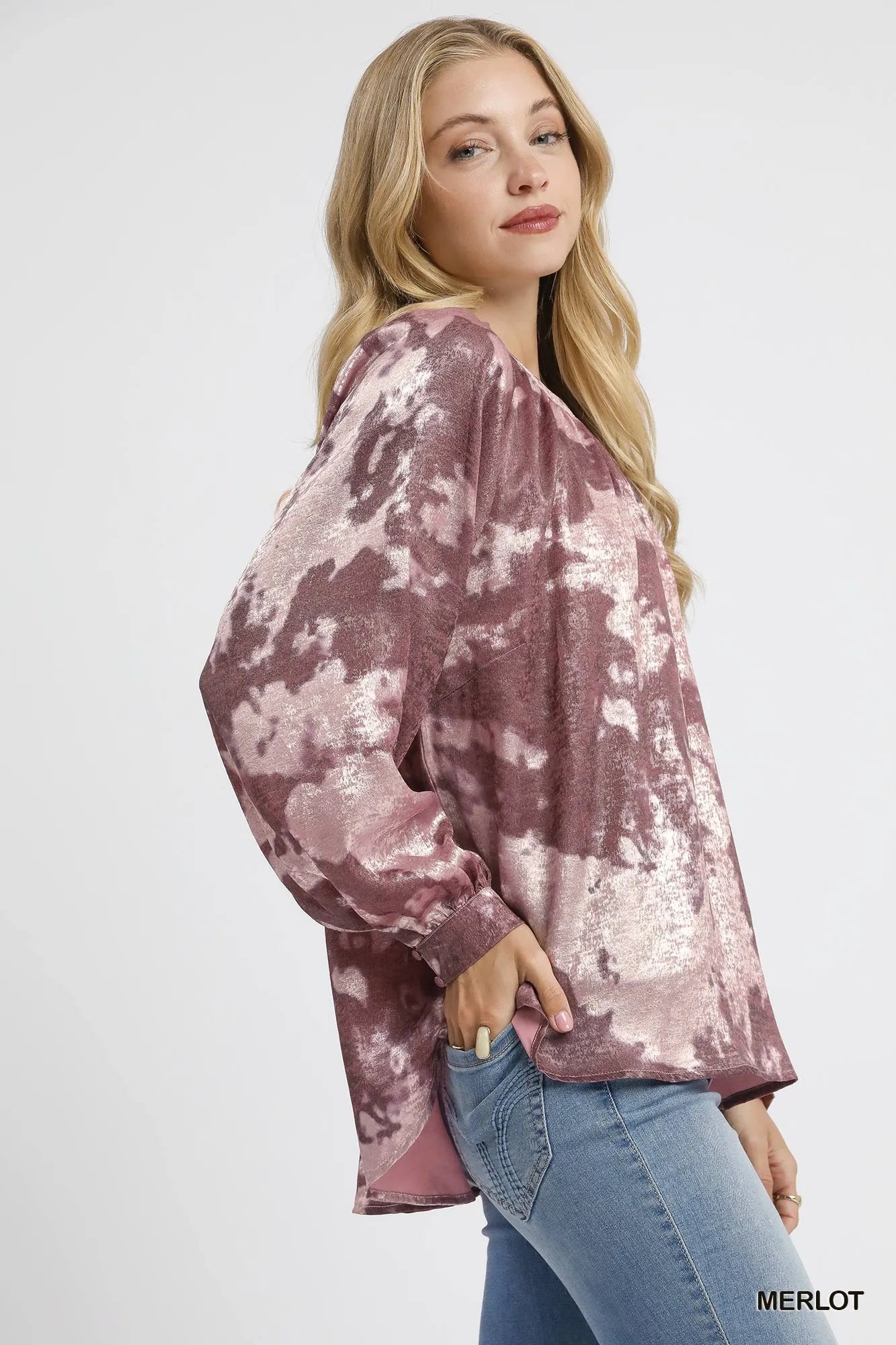 Trendsi Umgee metallic fabric blouse with balloon sleeves, featuring a stylish and shimmering design for a trendy look.