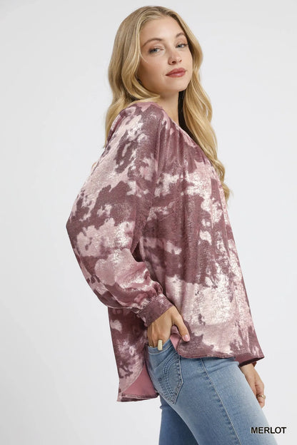 Trendsi Umgee metallic fabric blouse with balloon sleeves, featuring a stylish and shimmering design for a trendy look.