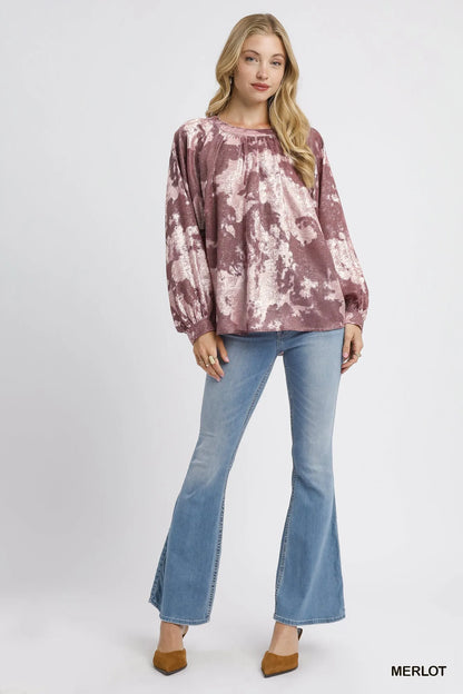 Metallic fabric blouse with balloon sleeves by Umgee, featuring a stylish, shiny design and relaxed fit in a trendy style.