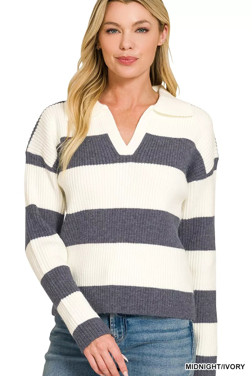 Midnight ivory Zenana striped collared sweater from Trendsi, featuring a classic collar and cozy knit fabric.