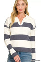 Midnight ivory Zenana striped collared sweater from Trendsi, featuring a classic collar and cozy knit fabric.