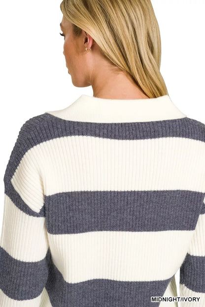 Midnight and ivory striped Zenana collared sweater with a relaxed fit and button details, perfect for casual outfits.
