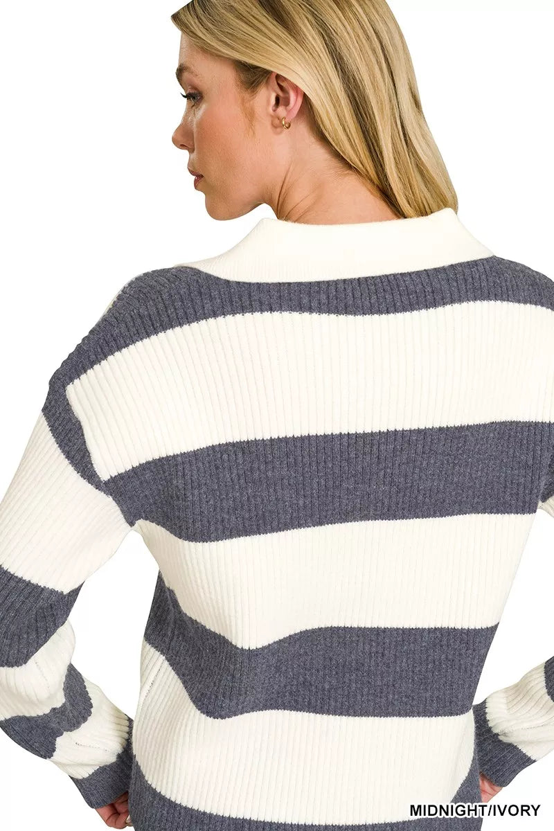 Midnight ivory Zenana striped collared sweater with a cozy fit, featuring a classic collar and horizontal stripe pattern.