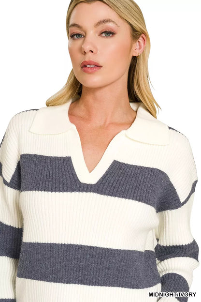 Midnight ivory striped collared sweater by Zenana, featuring a cozy knit with a button-up front and classic collar detail.