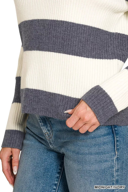 Midnight ivory Zenana striped collared sweater with a button-up front and ribbed cuffs, featuring a stylish, casual design.