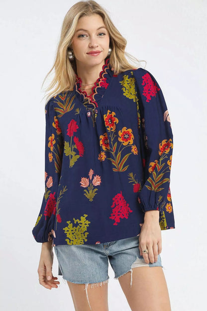 Umgee flower print blouse with scalloped neckline, featuring a midnight mix pattern, stylish and feminine for casual wear.