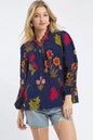 Umgee flower print blouse with scalloped neckline, featuring a midnight mix pattern, stylish and feminine for casual wear.