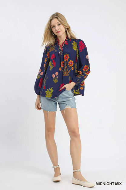 Umgee flower print blouse with scalloped neckline, in midnight mix, featuring a feminine and stylish design.