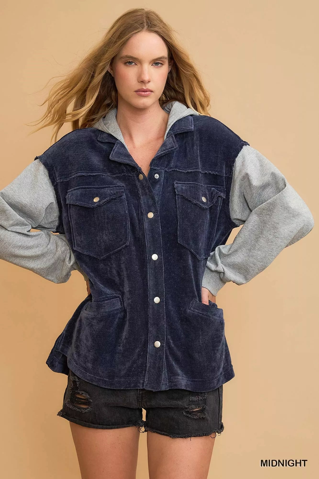 Midnight black Umgee contrast hooded chenille jacket with cozy textured fabric, casual style, from Trendsi.
