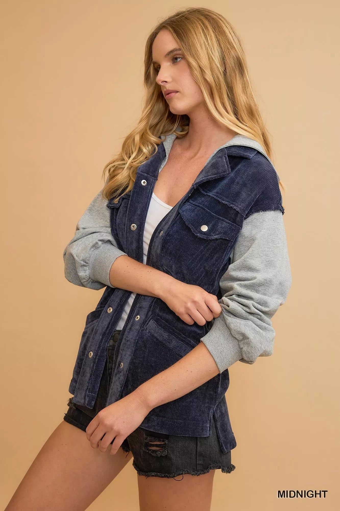 Midnight blue Umgee contrast hooded chenille jacket with cozy, textured fabric and relaxed fit for casual styling.