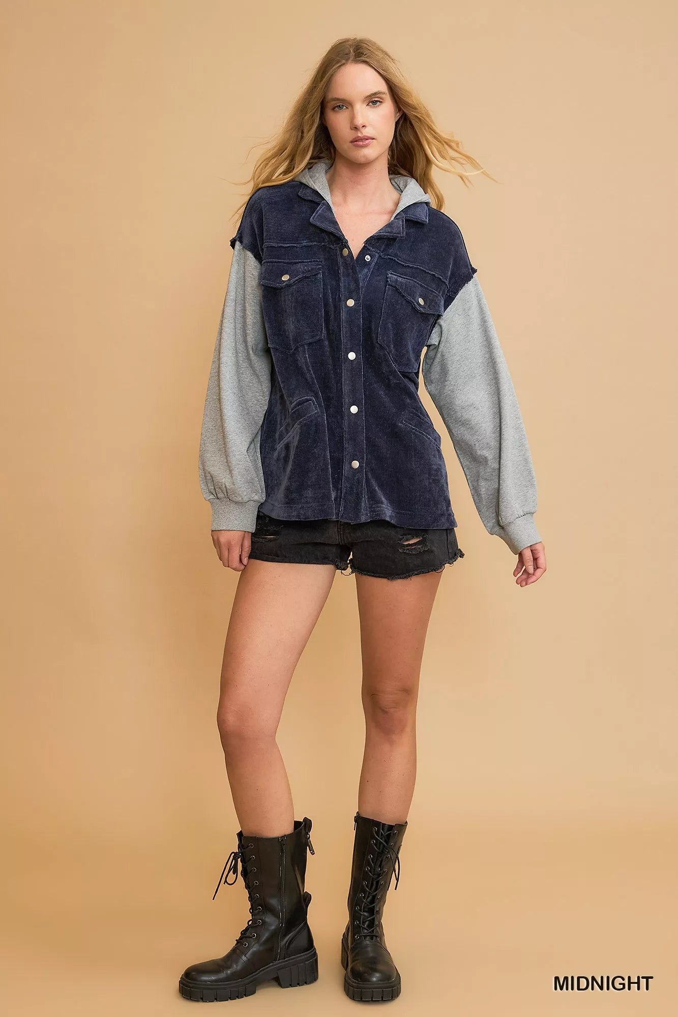 Midnight blue Umgee Contrast Hooded Chenille Jacket with a cozy hood and textured chenille fabric, stylish and comfortable.