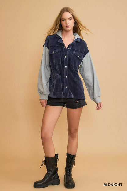 Midnight blue Umgee Contrast Hooded Chenille Jacket with a cozy hood and textured chenille fabric, stylish and comfortable.