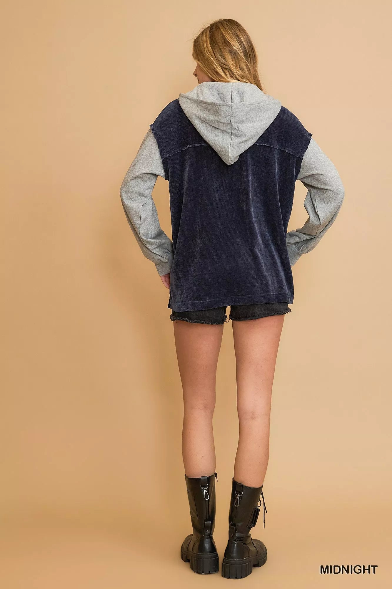 Midnight navy Umgee Contrast Hooded Chenille Jacket with color-block design and front pockets, stylish and cozy for casual wear.