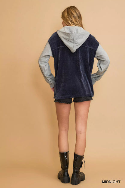 Midnight navy Umgee Contrast Hooded Chenille Jacket with color-block design and front pockets, stylish and cozy for casual wear.