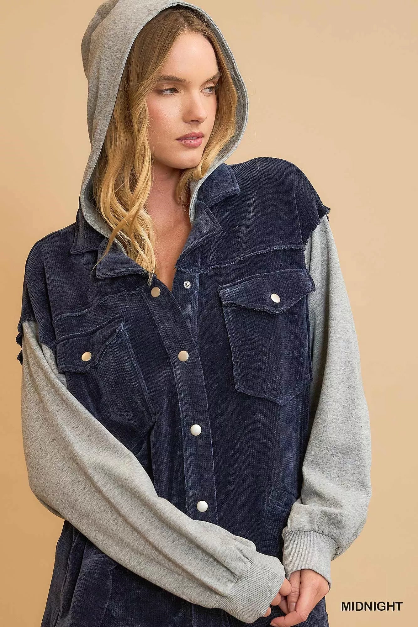 Midnight blue Umgee contrast hooded chenille jacket with soft, textured fabric and relaxed fit, featuring a zip-up front and hood.