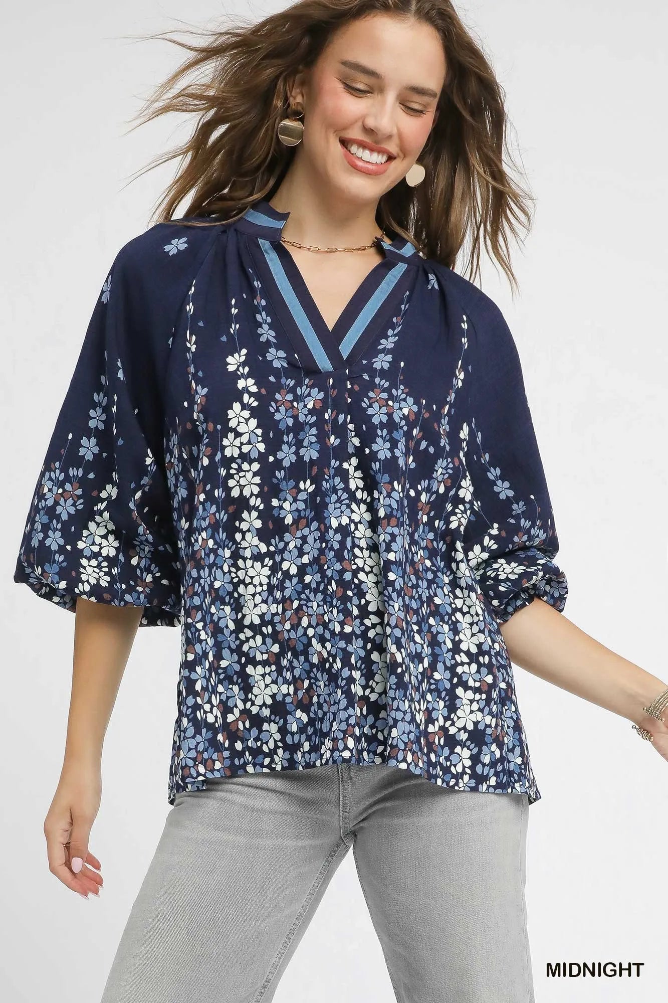 Plus size Umgee floral vine print blouse with balloon sleeves, showcasing a stylish full-size women's fashion top.