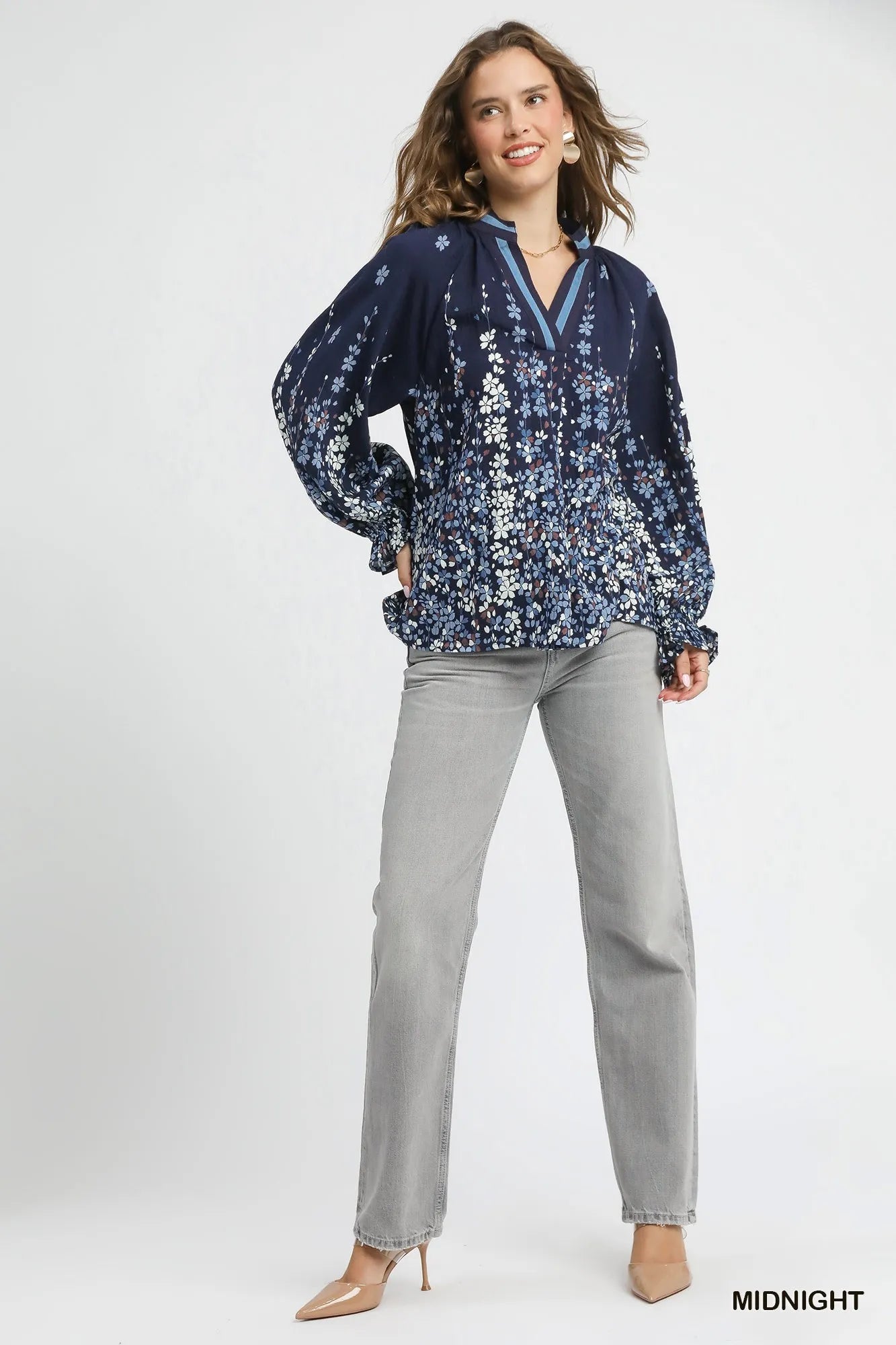 Plus size Umgee floral vine print blouse with balloon sleeves, stylish and comfortable for casual wear.