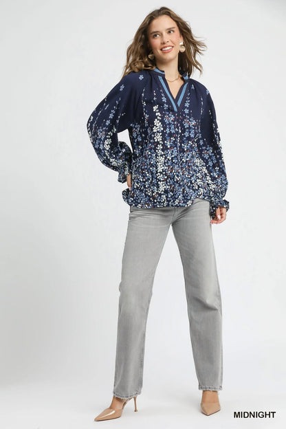 Plus size Umgee floral vine print blouse with balloon sleeves, stylish and comfortable for casual wear.