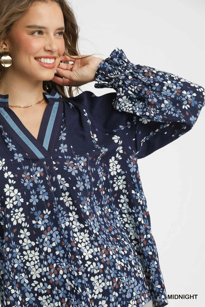 Plus size Umgee floral vine print blouse with balloon sleeves, featuring a full size and midnight color, by Trendsi.