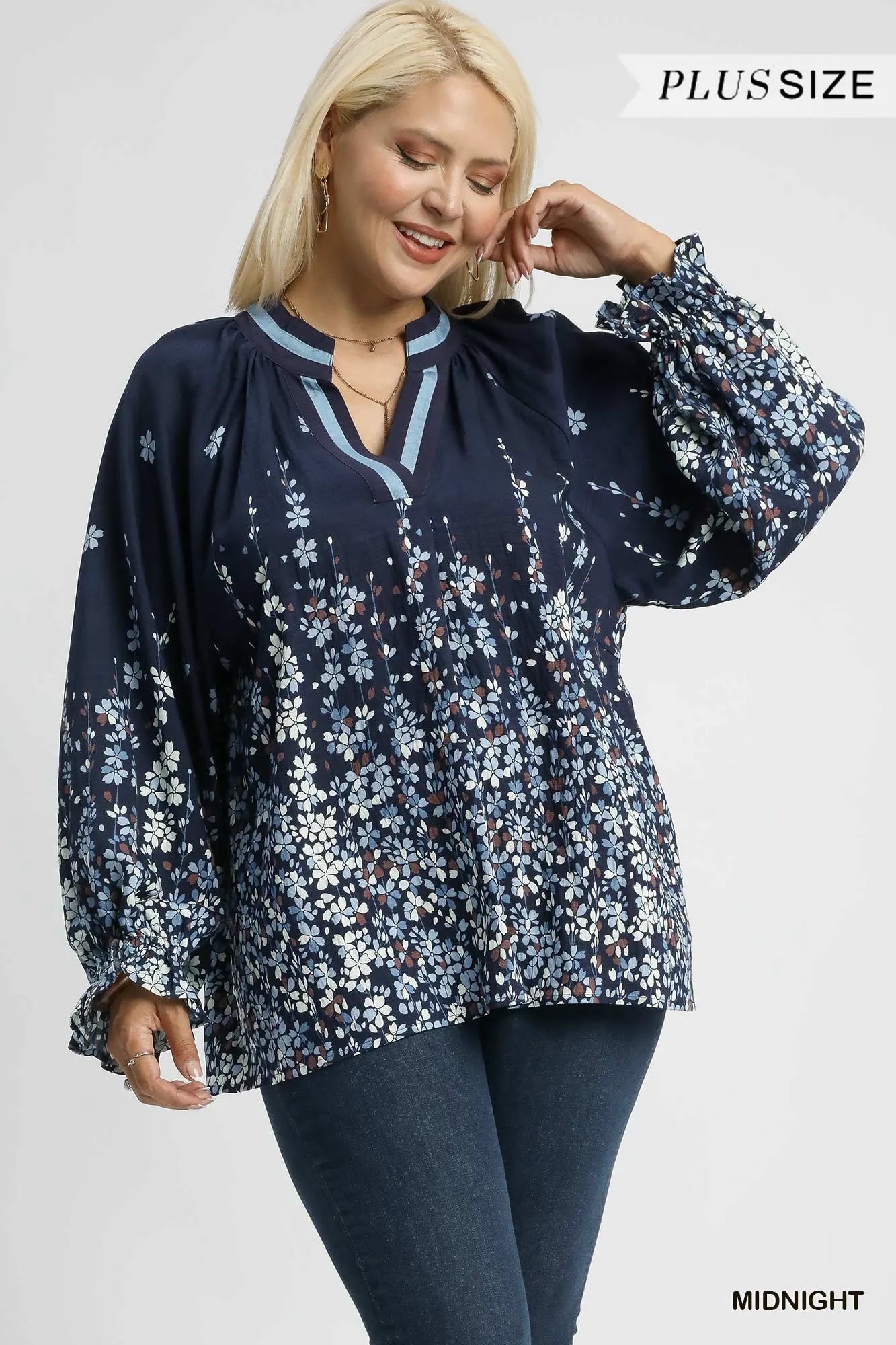 Plus size Umgee floral vine print blouse with balloon sleeves, featuring a full-size fit and stylish design.