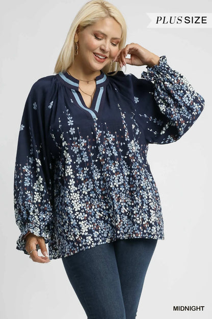 Plus size Umgee floral vine print blouse with balloon sleeves, featuring a full-size fit and stylish design.
