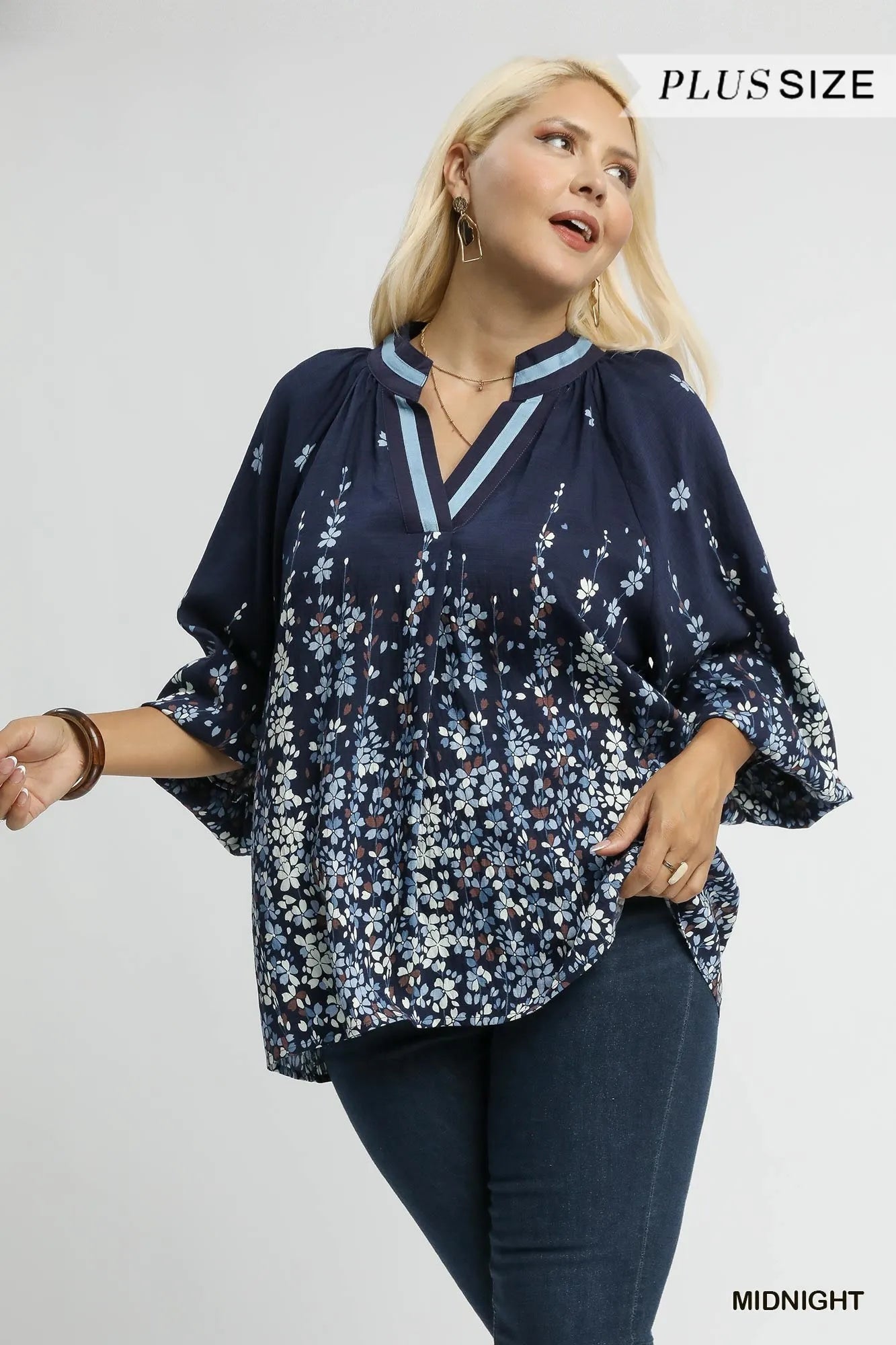 Plus size Umgee floral vine print blouse with balloon sleeves, featuring a full size and trendy design, in a midnight color.