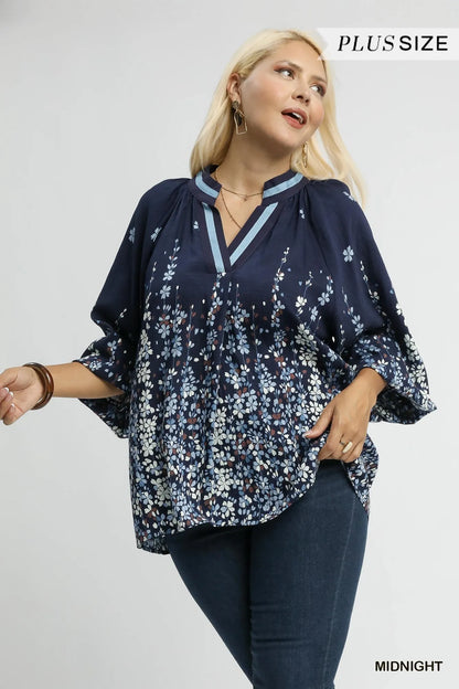 Plus size Umgee floral vine print blouse with balloon sleeves, featuring a full size and trendy design, in a midnight color.