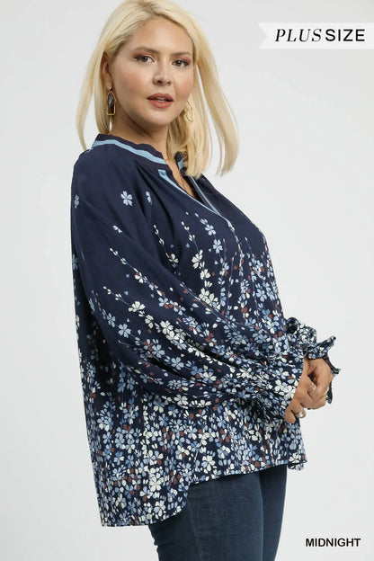 Plus size Umgee floral vine print blouse with balloon sleeves, featuring a full-size fit and stylish design.