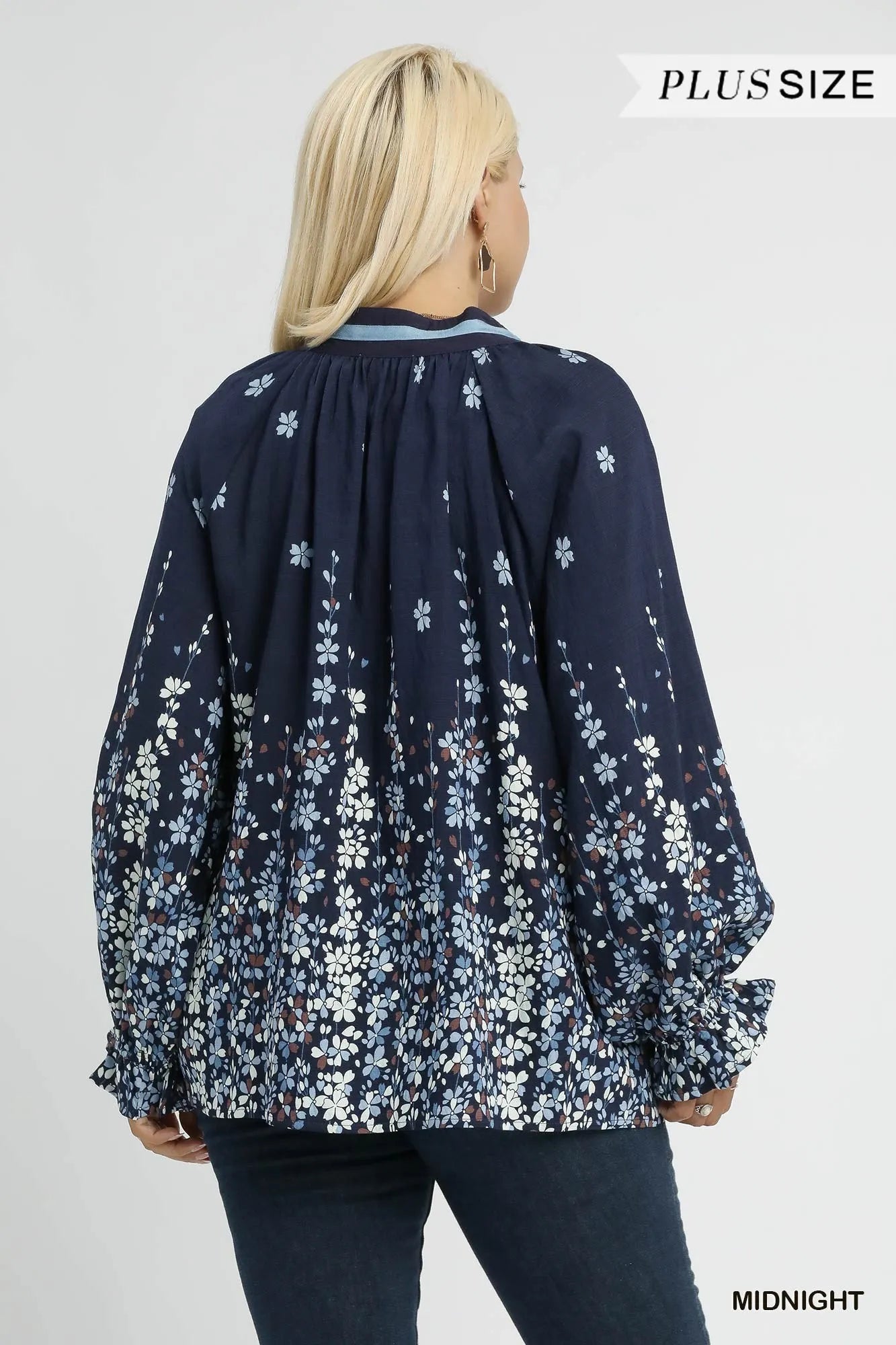 Plus size Umgee floral vine print blouse with balloon sleeves, trendy full-size women's top in midnight color.