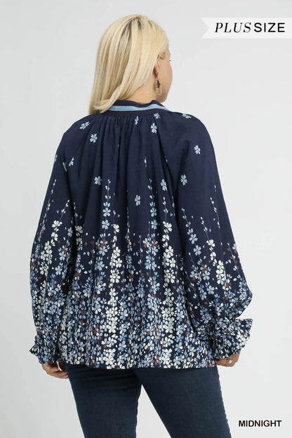 Plus size Umgee floral vine print blouse with balloon sleeves, trendy full-size women's top in midnight color.
