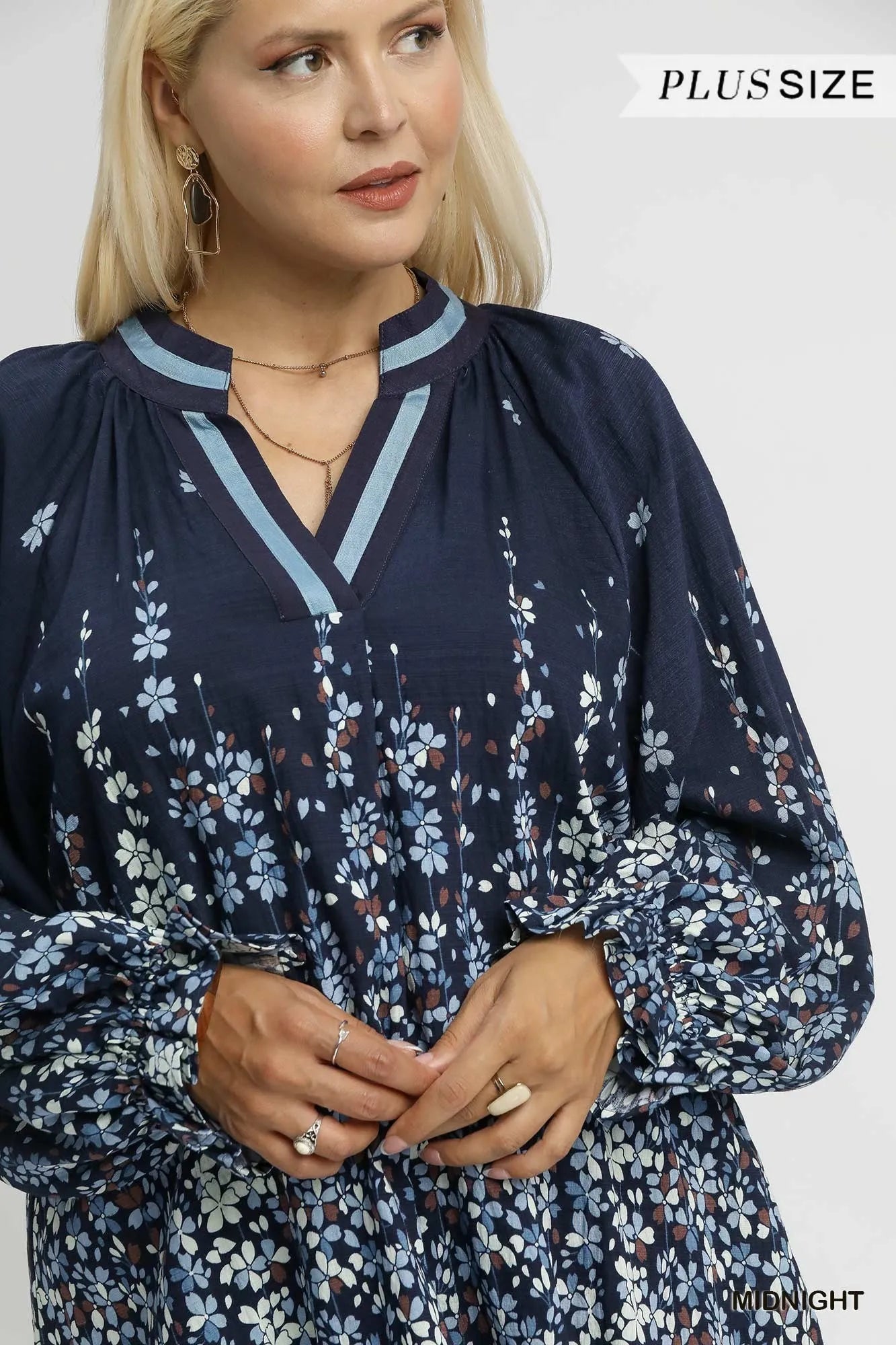 Plus size Umgee floral vine print blouse with balloon sleeves, featuring a full-size fit and stylish design.