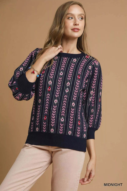 Midnight blue Umgee Jacquard Knit Puff Sleeve Sweater with intricate knit pattern and puffed long sleeves.