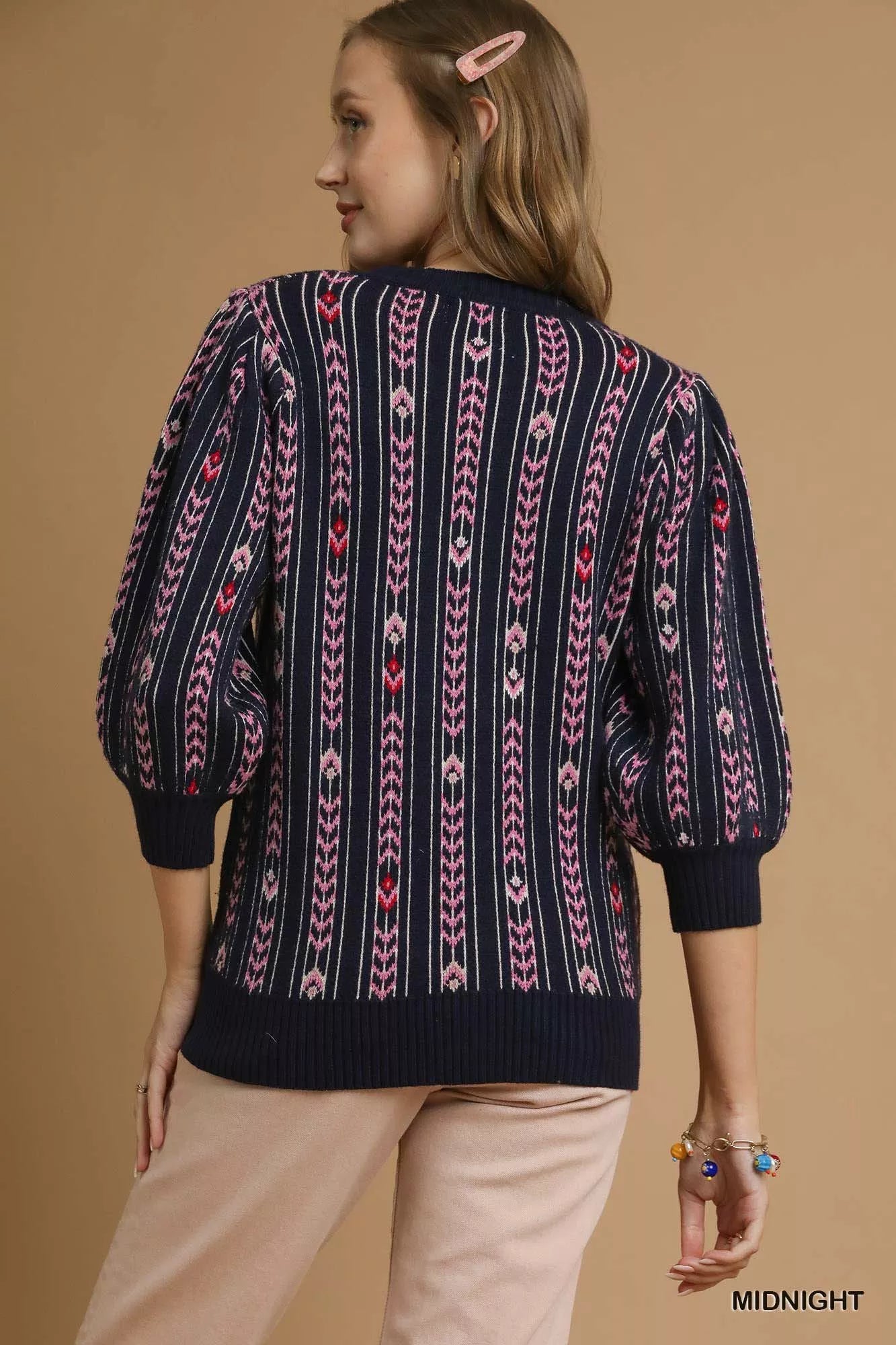 Midnight blue Umgee Jacquard Knit Puff Sleeve Sweater with intricate knit pattern, stylish puff sleeves, and cozy fit.