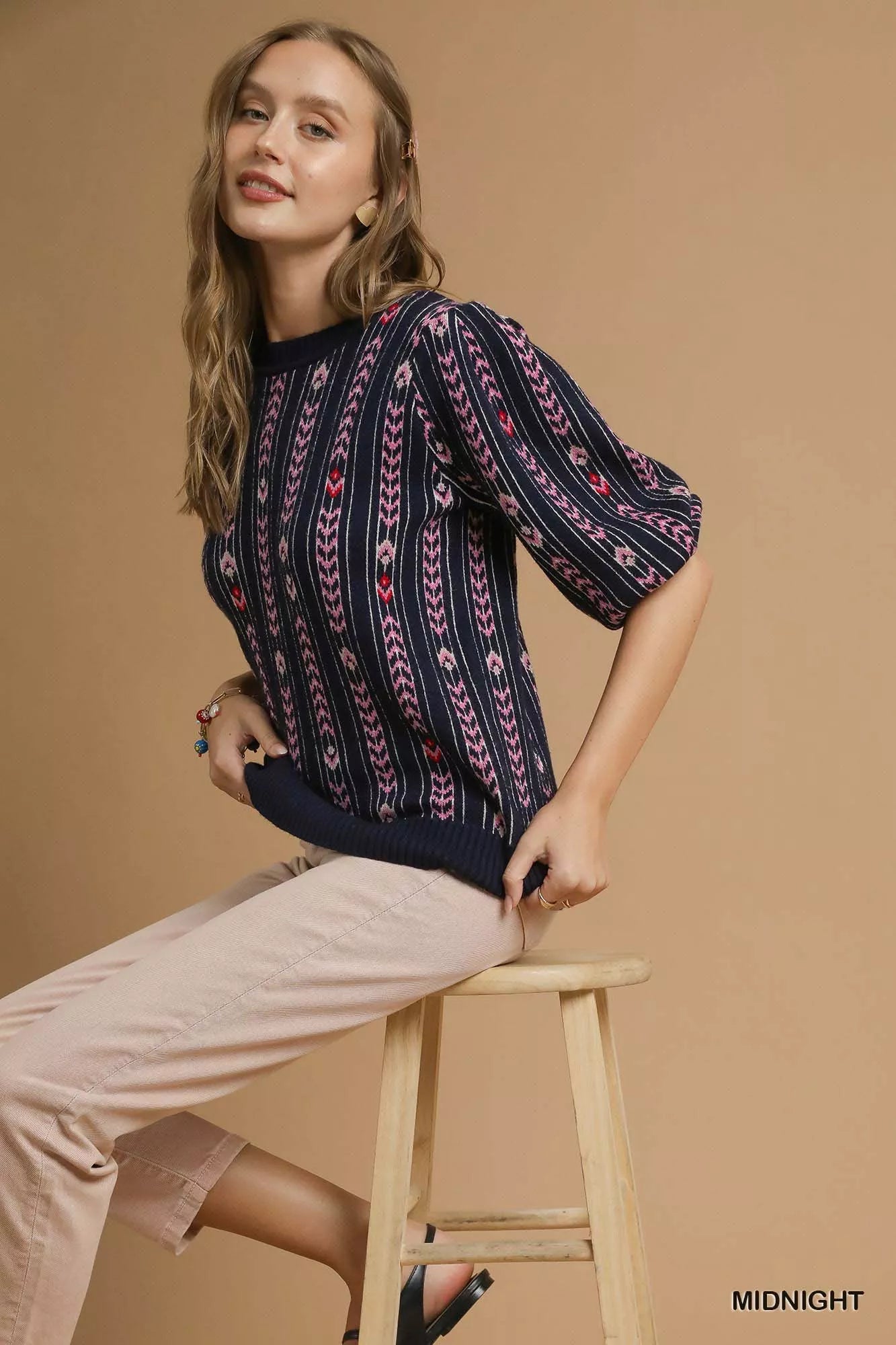 Midnight blue Umgee Jacquard Knit Puff Sleeve Sweater with intricate pattern and cozy fit, styled on a model.