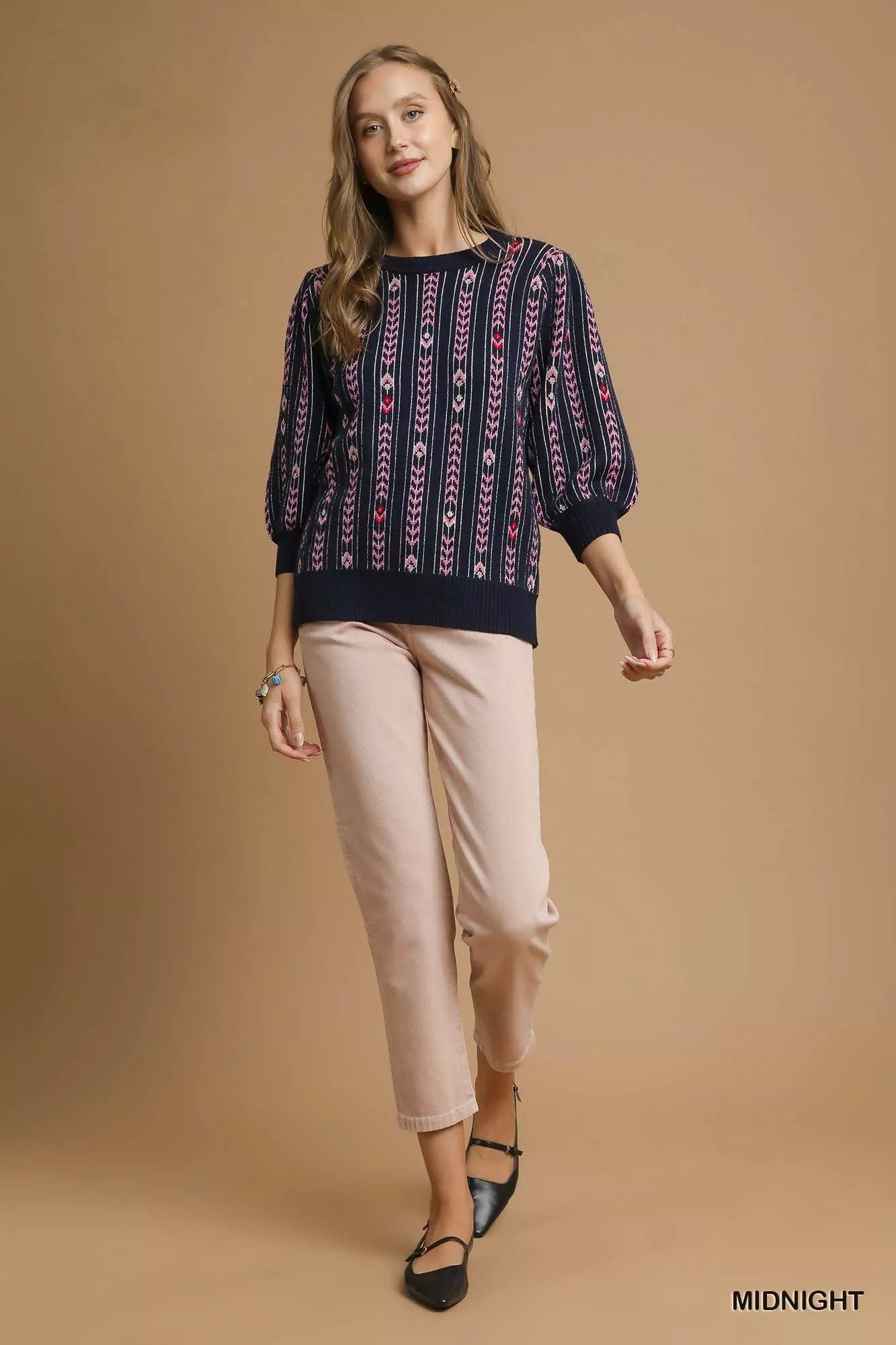 Midnight blue Umgee Jacquard Knit Puff Sleeve Sweater with intricate patterns, long sleeves, and cozy knit texture.