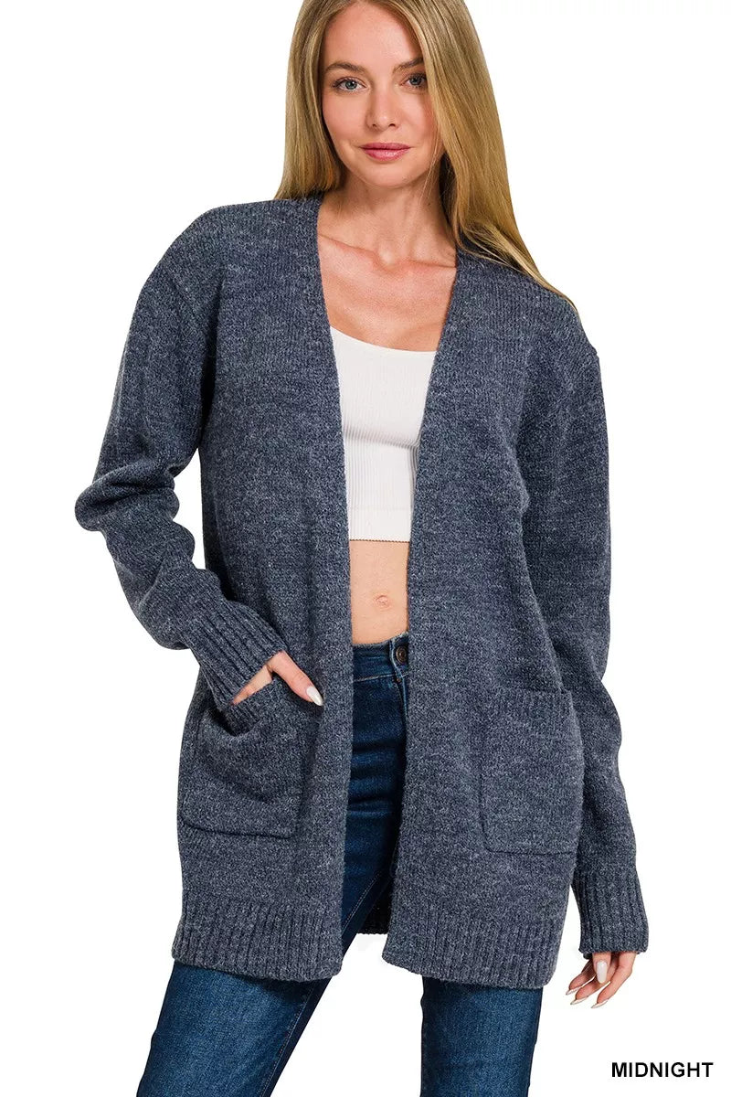 Midnight blue Zenana open front sweater cardigan with long sleeves and a relaxed fit, styled casually for a cozy look.