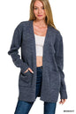 Midnight blue Zenana open front sweater cardigan with long sleeves and a relaxed fit, styled casually for a cozy look.