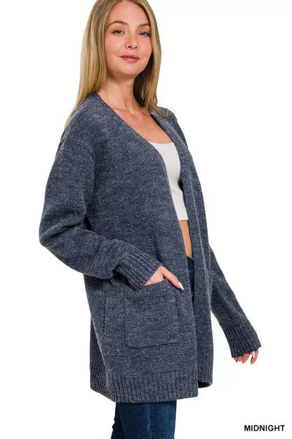 Midnight blue Zenana open front sweater cardigan with long sleeves and relaxed fit, styled for casual wear.