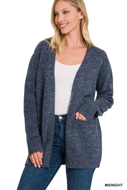 Midnight Zenana open front sweater cardigan with long sleeves and relaxed fit, styled casually for cozy layering.