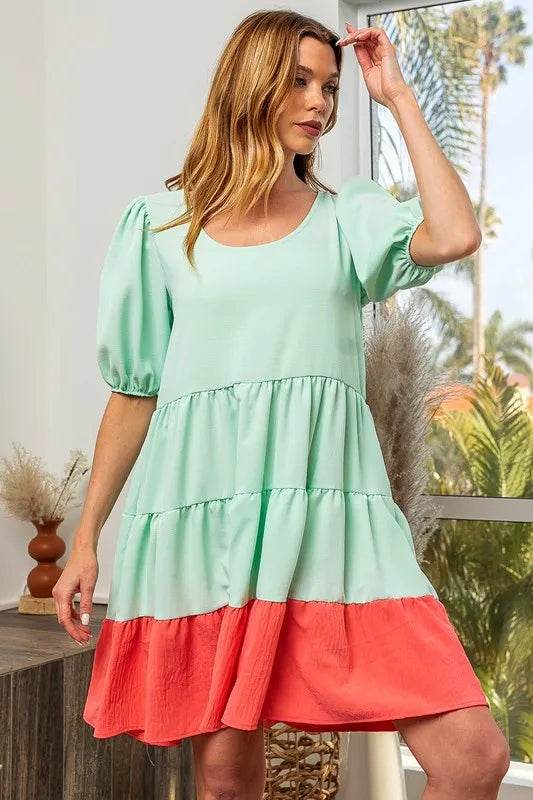Mint and coral BiBi mini dress with balloon sleeves, U-neck, tiered ruffle hem, by Trendsi.