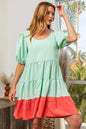 Mint and coral BiBi mini dress with balloon sleeves, U-neck, tiered ruffle hem, by Trendsi.