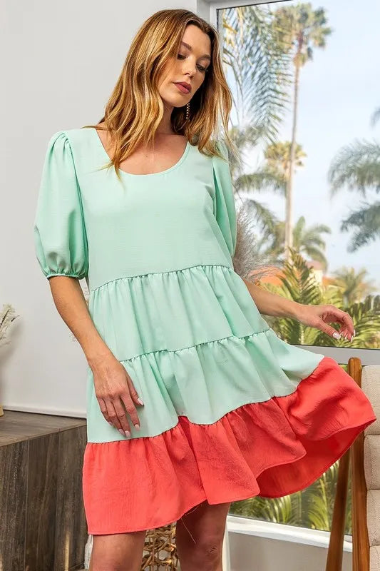 Mint and coral BiBi mini dress by Trendsi with balloon sleeves, U-neck, tiered design, and ruffle hem.